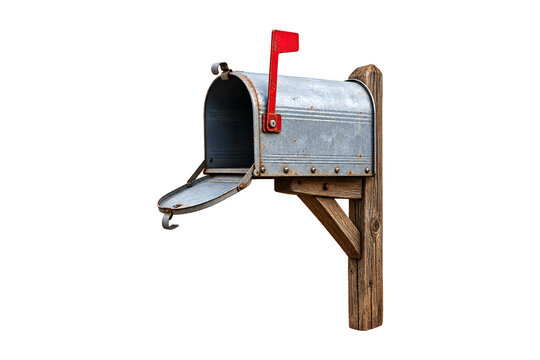 Isolated weathered blue rural mailbox with red flag open on rustic wooden post