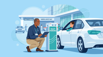 Fototapeta premium Valet Parking Service at Hospital Entrance with Patient