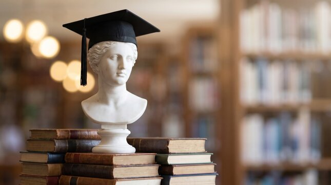Classical female bust wearing a graduation cap stands on antique books in a softly lit academic library