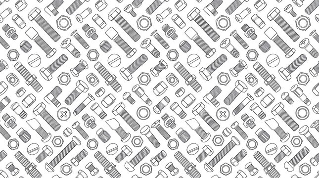 Seamless pattern of industrial bolts and screws line art