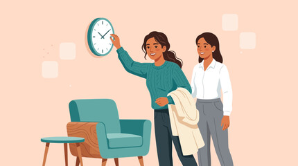 Obraz premium Woman Adjusts Clock, Companion Watches, Modern Interior Scene
