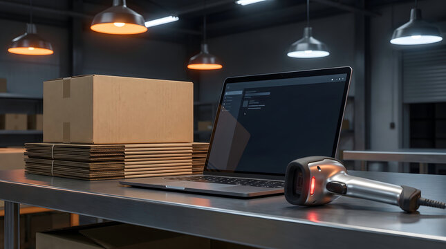 Laptop and barcode scanner on a warehouse packing table with boxes