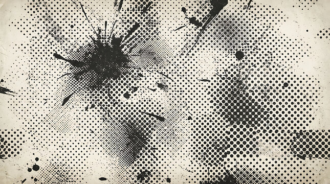 An abstract, distressed background featuring black ink splatters and halftone dot patterns on a light, beige-toned surface.