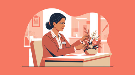 Fototapeta premium Woman arranging flowers at desk in office, illustration, isolated