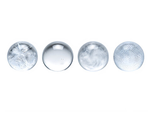 Set of four different glass spheres with various textures isolated on transparent background