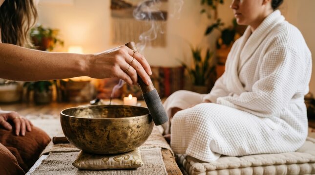 Woman receiving holistic sound healing therapy with Tibetan singing bowl for mindfulness and stress relief