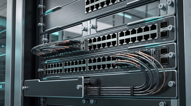 Network switch hardware with ethernet cables in a server rack cabinet