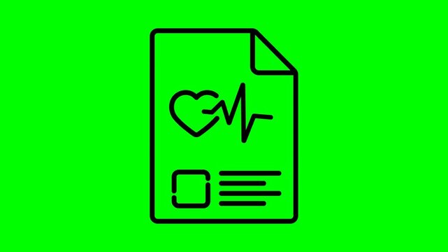 Minimal black outline document icon with heart symbol, checkbox, and text lines appearing on a bright green screen background. Clean animated graphic suitable for content creation, editing