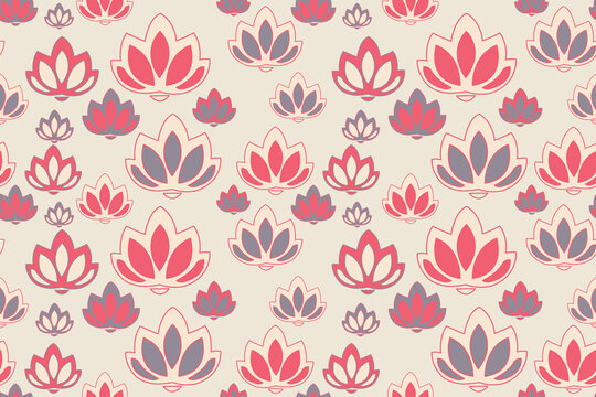 Vintage lotus flower seamless pattern. Traditional oriental background in cream, coral pink, and dusty violet.