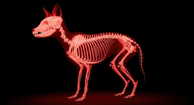 3D X-ray Image of a Dog Skeleton in Red Against Black Background