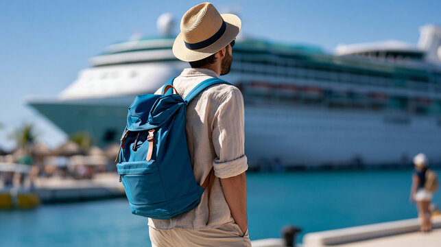 Faceless traveler with backpack and straw hat standing in front of a huge cruise liner, tropical port behind, summer vacation departure, travel adventure, tourism concept,