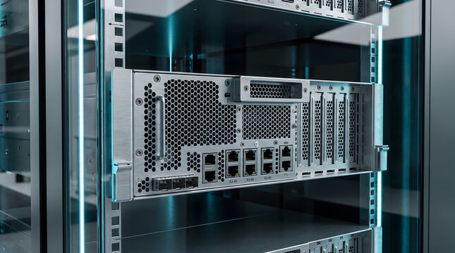 Rear view of a rack-mounted server unit in a data center cabinet
