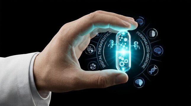 Doctor hand presenting digital therapeutics and personalized medicine concept with glowing nanotech capsule and biological data icons