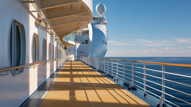 Empty cruise ship boarding walkway leading toward a large vessel, ocean visible beyond, travel departure, vacation planning, tourism concept, clean architectural composition,