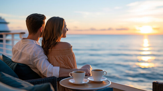 Faceless couple watching sunrise from a private cruise ship balcony, coffee cups on a small table, peaceful morning ocean, honeymoon vacation, luxury travel, romantic lifestyle,