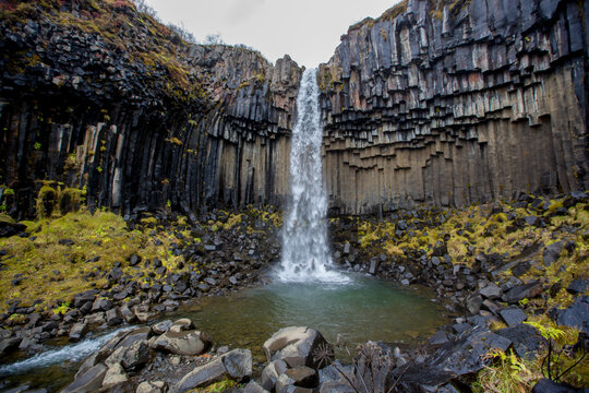 Aerial view of beautiful waterfall Svartifoss in Skaftafell national park in Iceland