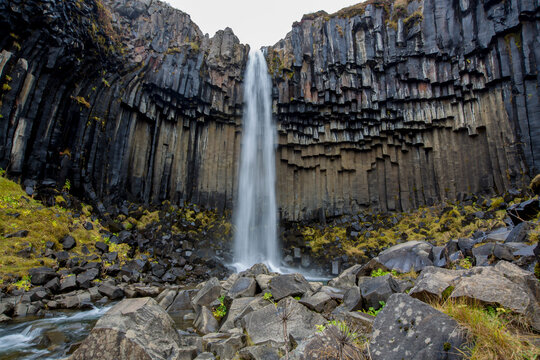 Aerial view of beautiful waterfall Svartifoss in Skaftafell national park in Iceland