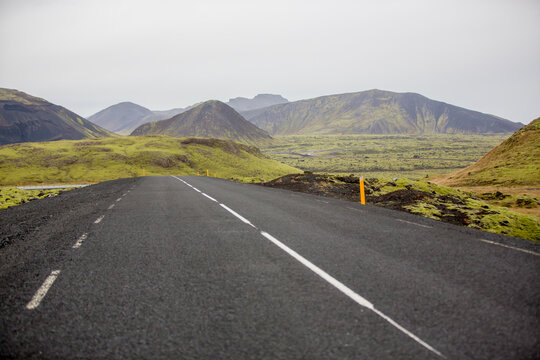 Scenic landscape view of Icelandic road and beautiful areal view of the nature autumntime