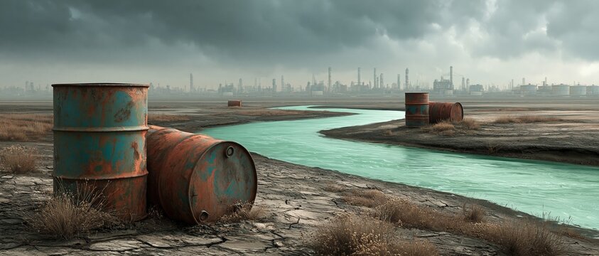 A cinematic daytime shot of an ecological crisis featuring rusty chemical waste barrels, on cracked dry earth next to a polluted green toxic river with an industrial city background.