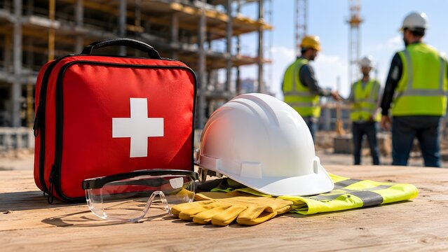 Construction safety equipment with first aid kit and hard hat protective gear at industrial building site