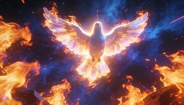 Hovering radiant dove-like bird glowing amid flames over rocks, trailing embers, lighting nebula