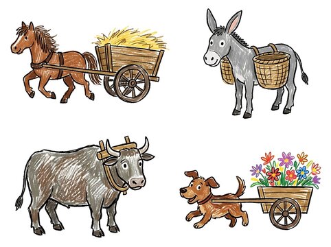 Crayon art of farm animals pulling carts and carrying baskets