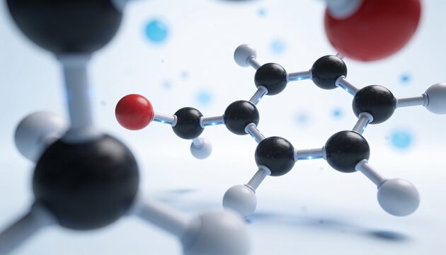 Floating molecular model showing hexagonal ring in studio, with black atoms white atoms red oxygen