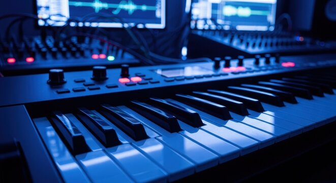 Modern Music Studio with Synthesizers and Keyboard in Blue Light
