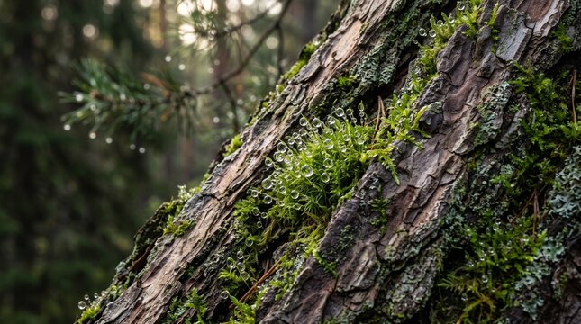 Macro photograph of sparkling dew droplets resting on green moss covering rough pine bark