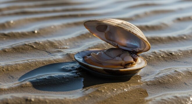 Open clam shell on wet sand with ripples and sunlight reflections