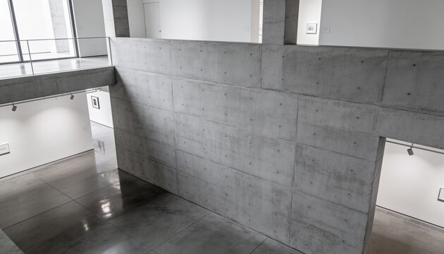 Dominating concrete wall occupying gallery mezzanine, showing tie-hole marks and framed artworks