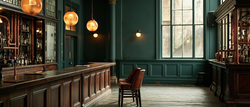 An empty upscale bar interior with a long dark wood counter, leather stools, and a cozy lounge area. Dark teal wood panels and warm glowing teardrop pendant lights create a moody atmosphere.