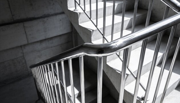 Showing steel handrail running diagonally in concrete stairwell balusters casting strong shadows