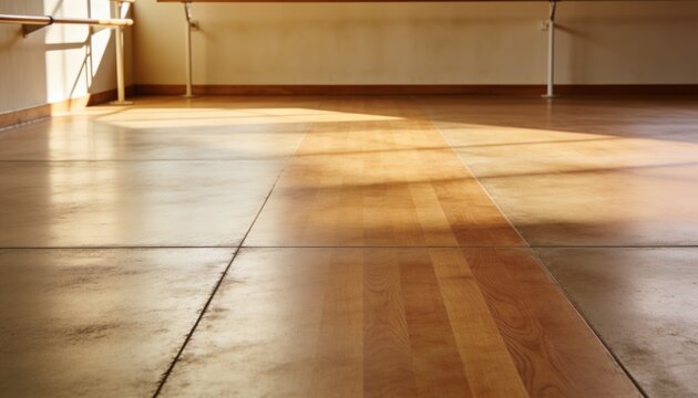 Highlighting wooden dance floor reflecting warm sunlight at rehearsal studio, showing ballet barre