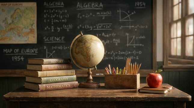 Vintage classroom desk displaying globe stacked books red apple chalkboard background warm educational scene