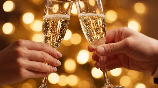 Two people toast with champagne, clinking glasses filled with bubbly wine against a warm, festive background of blurred golden lights, celebrating a special occasion.