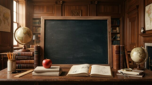 Vintage wooden classroom desk setup featuring empty chalkboard mockup copy space.