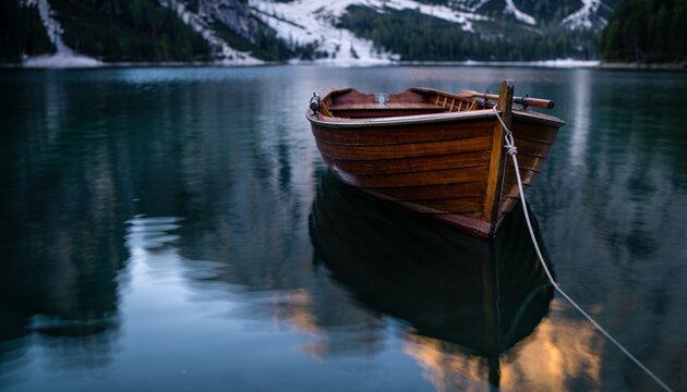 Floating varnished wooden rowboat bobbing gently at alpine mountain lake, with oars and rope