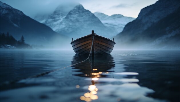 Floating wooden rowboat drifting on glassy alpine lake at dawn, with mooring rope and mist