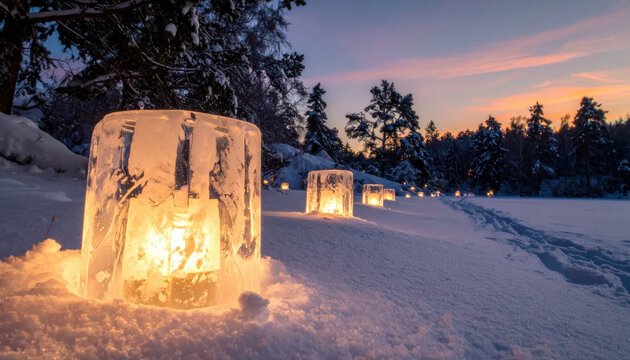 Illuminated ice lantern glowing in snowy forest at winter sunset Christmas Concept