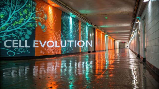 Vibrant Hallway Mural Featuring Abstract Cell Evolution Design