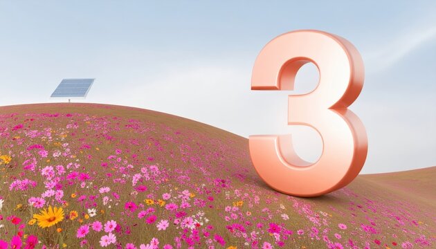 Vibrant Landscape with Solar Panel and Large Number Three Display