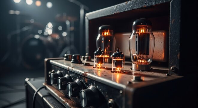 Vintage Tube Amplifier with Glowing Valves in Recording Studio