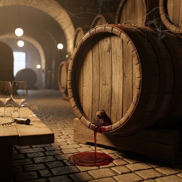 Vintage Wine Cellar with Wooden Barrels and Spilling Red Wine