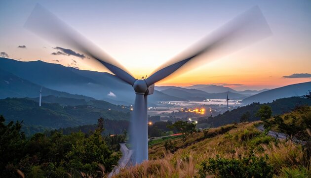 Wind Turbine at Dawn Over Hills with Beautiful Sunrise Colors