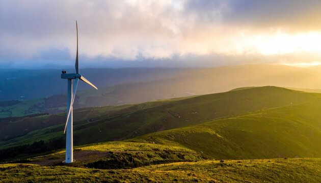 Wind Turbine at Sunrise on Hillside with Scenic Landscape View