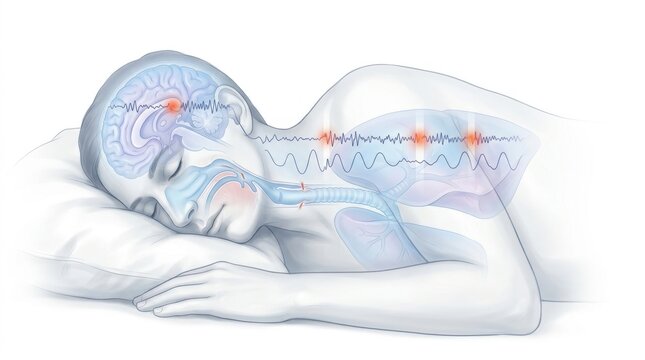 Illustration of sleep apnea showing brain waves and airway obstruction