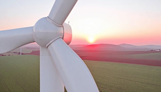 Wind Turbine at Sunset Over Lush Green Fields in Scenic Landscape