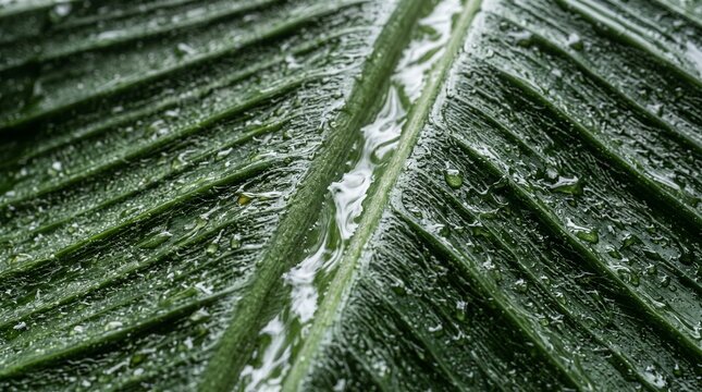 Macro photograph of glistening wet texture and parallel veins of fresh green banana leaf
