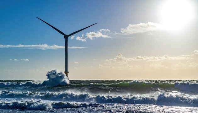 Wind Turbine Standing Tall Amidst Waves and Bright Sky at Sunset
